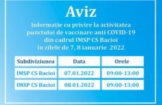 Informatie cu privire la activitatea punctului de vaccinare anti covid-19 în zilele de 7,8 ianuarie 2022